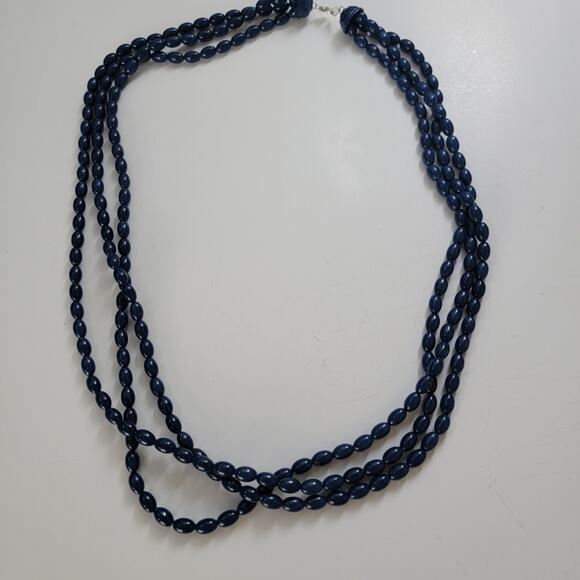 Vintage Multi Strand Navy Blue Beaded Necklace with Decorative Clasp Statement - Picture 2 of 10